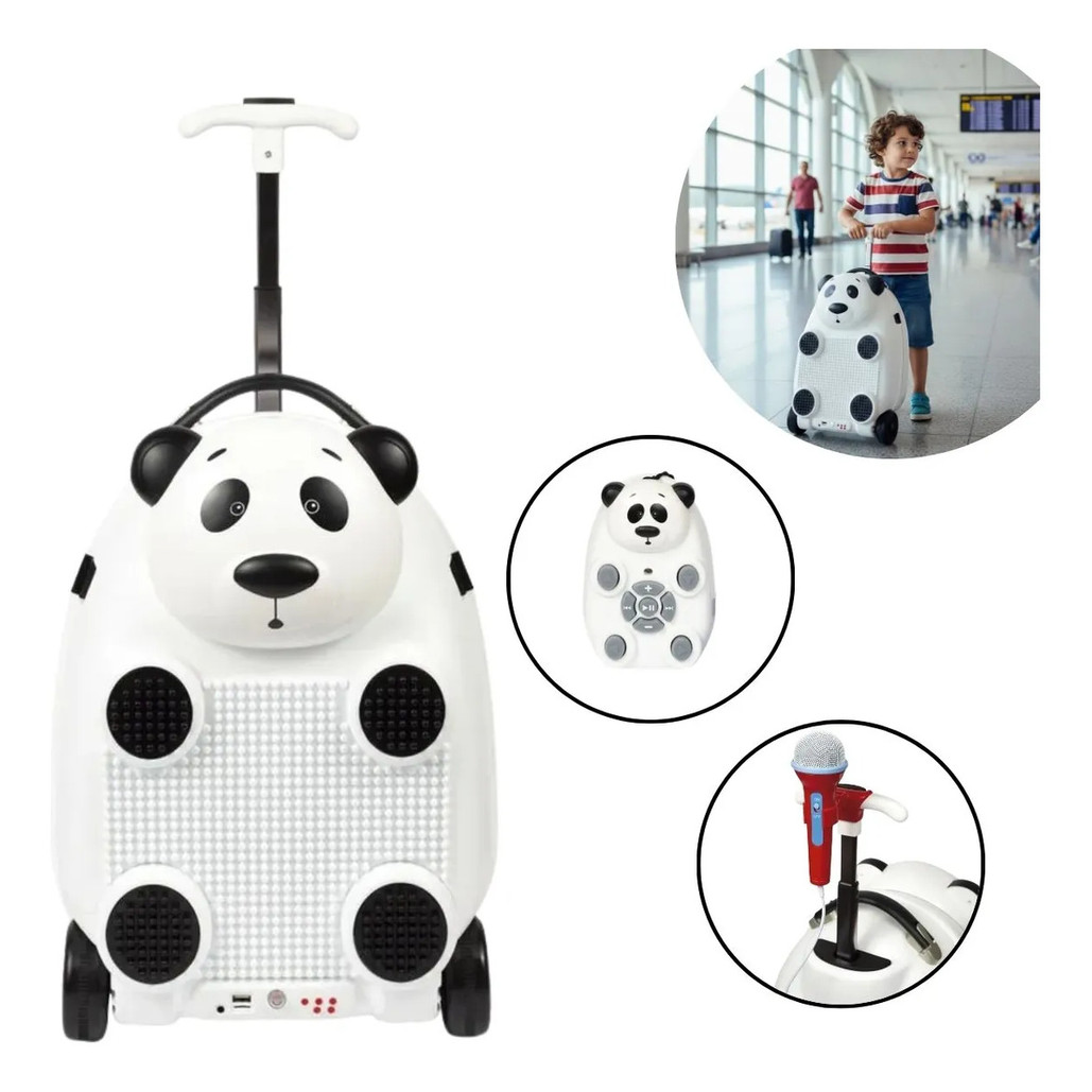 Mala Infantil Panda 3x1 Com Som Microfone e Blocos de Montar Com Rodinhas Recarregável Inmetro