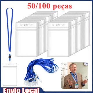 50/100 unidades de porta crachá vertical com cordão azul, para estudantes, eventos e empresas