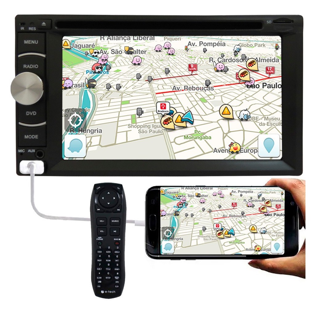 DVD Player Automotivo 2 Din E-Tech Universal Tela 6.2 Espelhamento Bluetooth USB Cartão Memória