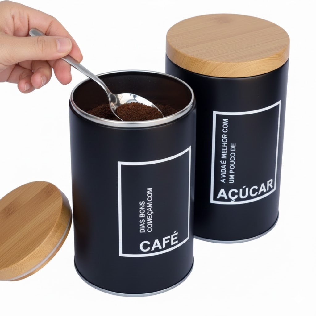 Conjunto de Latas Café e Açúcar Pote Organizador Porta Alimentos Cozinha Mantimentos Grãos