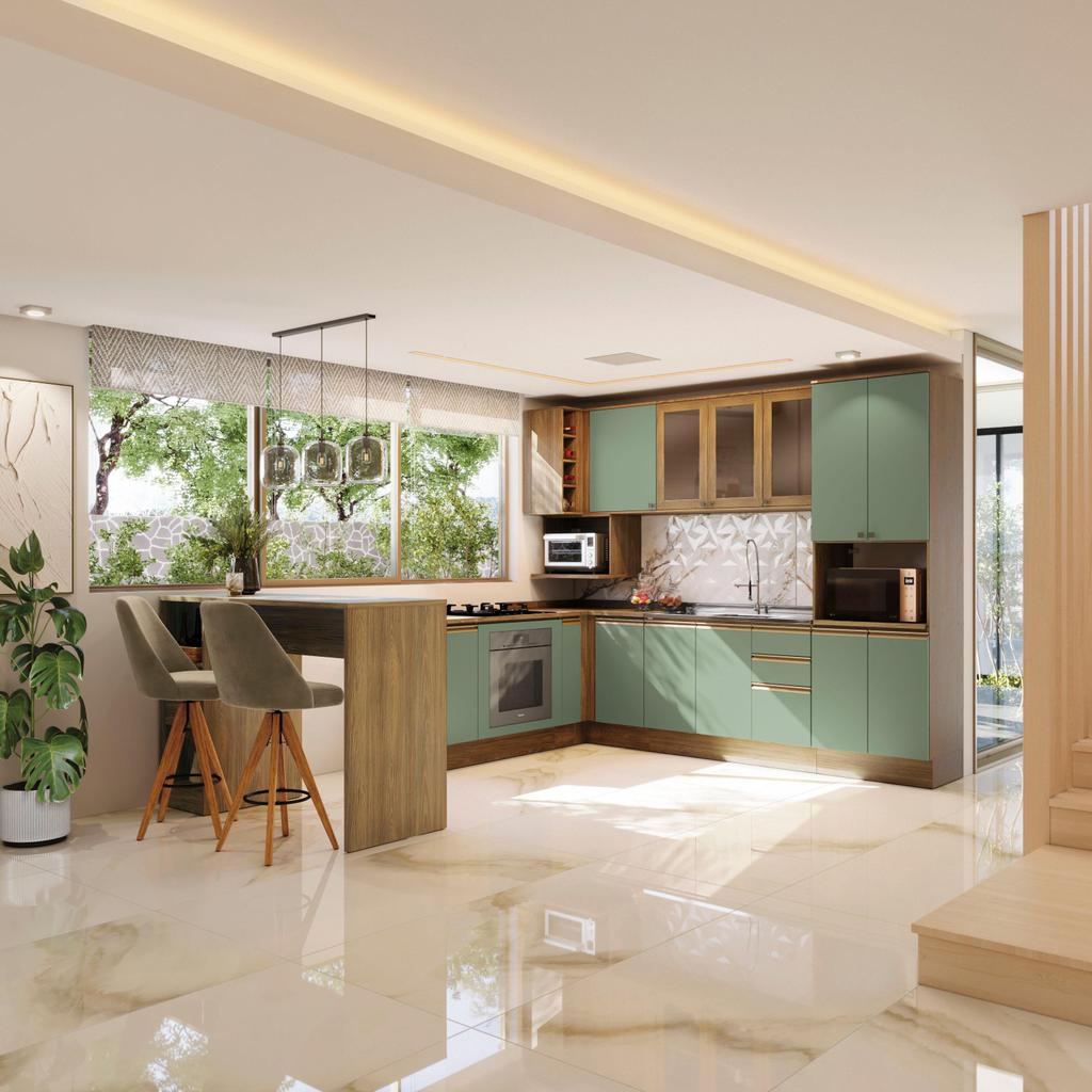 Cozinha de Canto Modulada Celeste Kappesberg 100% MDF Nogueira/Verde em Oferta na Shopee