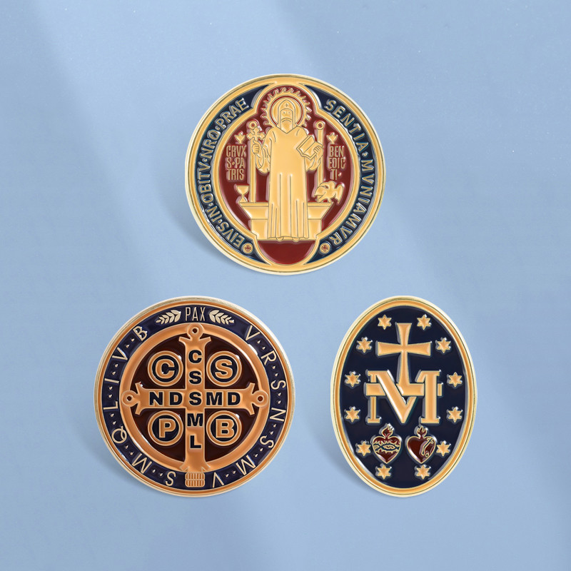 Pino De Esmalte Religioso Católico , Broche De Medalha Milagrosa De São Bento , Emblemas Redondos De Metal , Acessórios 