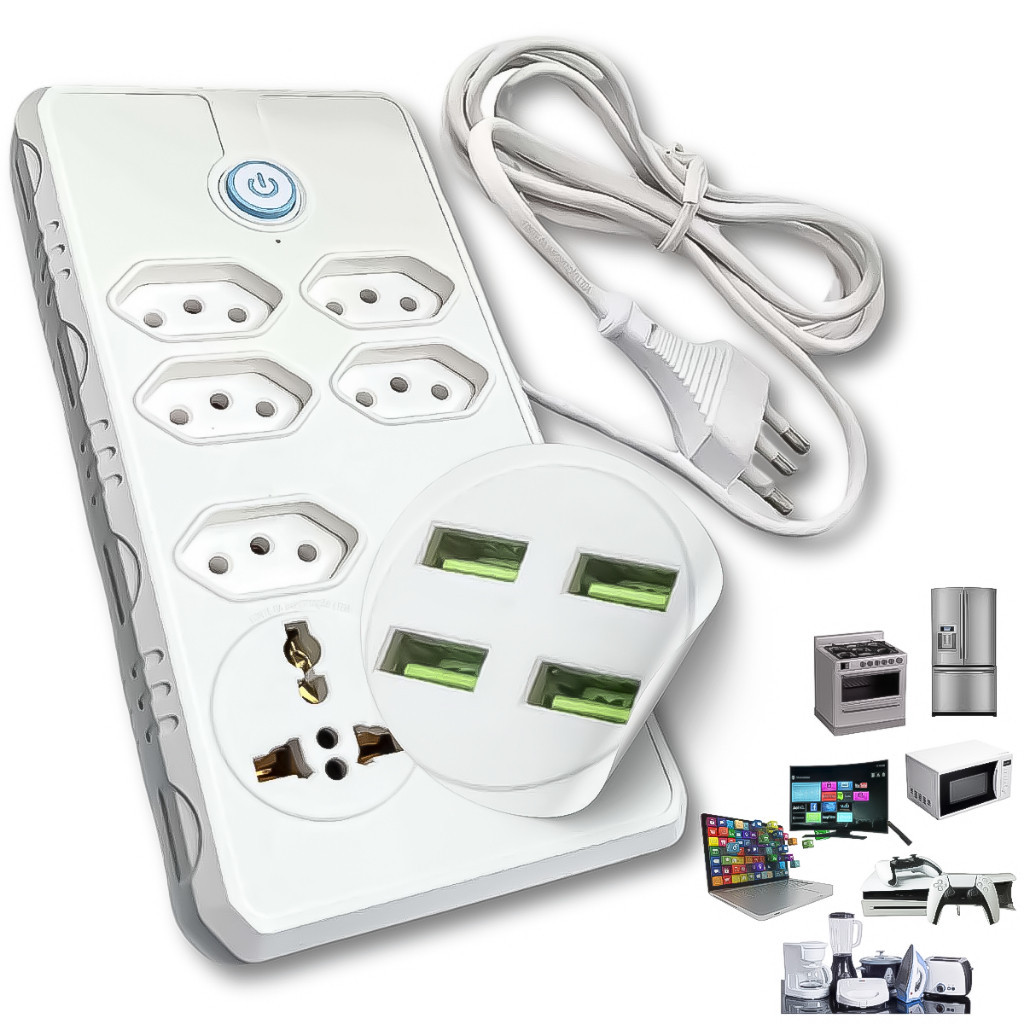 Extensão Filtro de Linha Régua Elétrica 7 Tomadas Com 4 USB e 1 Adaptador Universal Bivolt 110v/220v em Oferta na Shopee