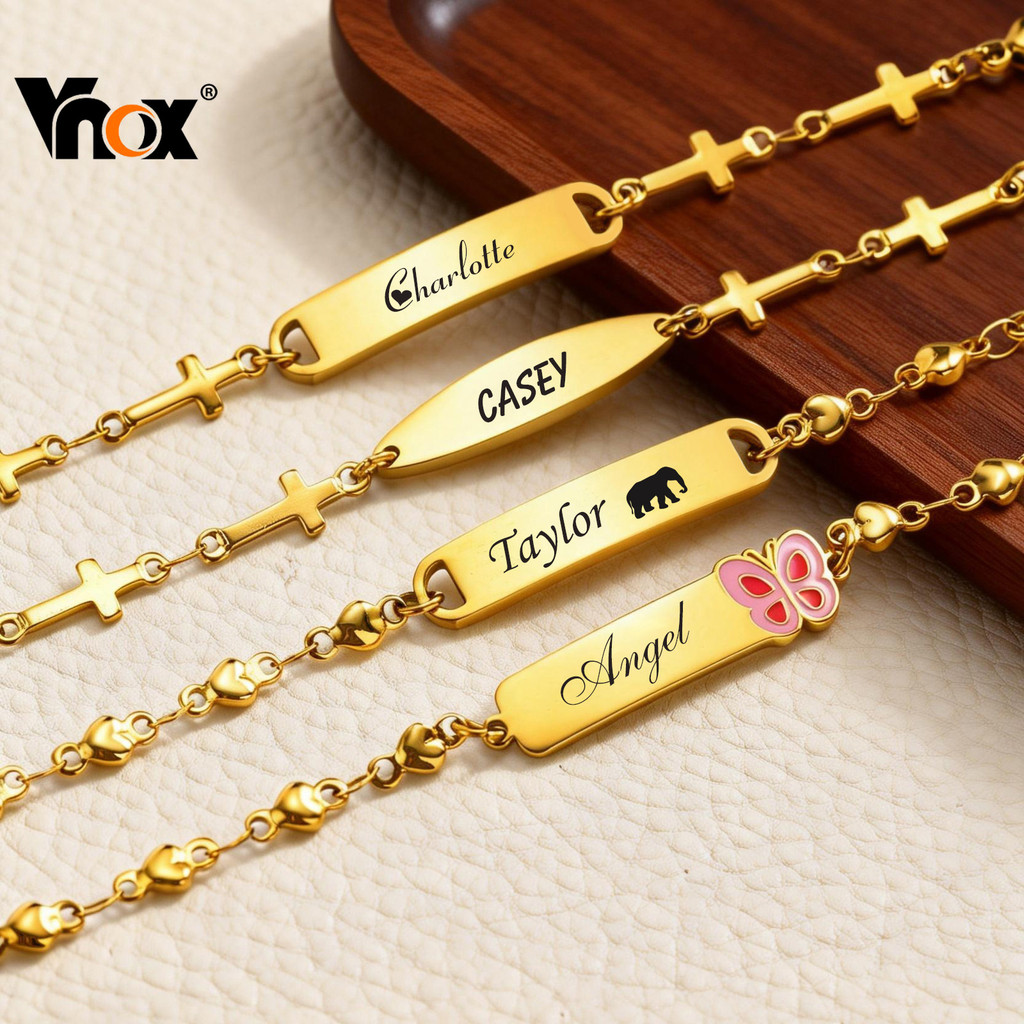 Pulseira Vnox Kids Com Nome Gravado Polido Em Aço Inoxidável – Joia Hipoalergênica Fofa Para Meninos E Meninas