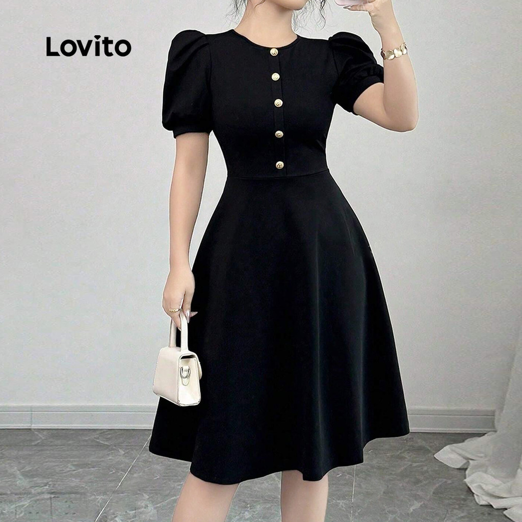 Vestido curto elegante com gola redonda e manga bufante com botão frontal-DRB152PBD075