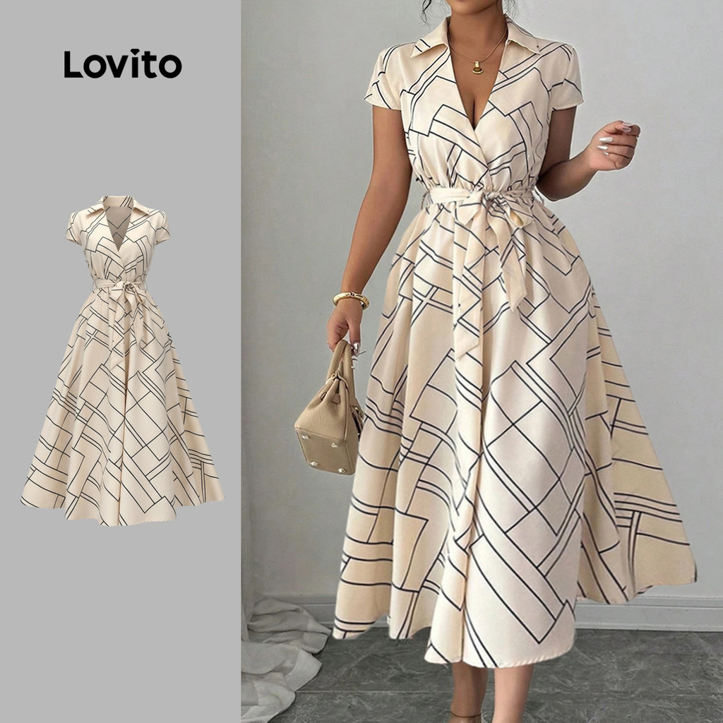 (Elegante) Lovito Vestido com cinto vestido primavera/verão para mulheres LK3LD407