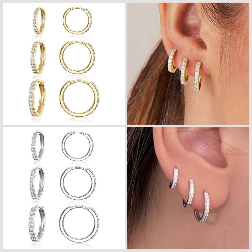 Kit 6 de Brincos Argola Dourados e Prateados com Zircônia Finos Elegantes Hipoalergênicos para Meninas - WL