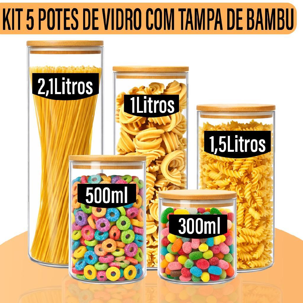 Kit 5 Potes Herméticos Vidro Borossilicato Tampa Bambu Yab Organizadores Cozinha Vedação em Oferta na Shopee