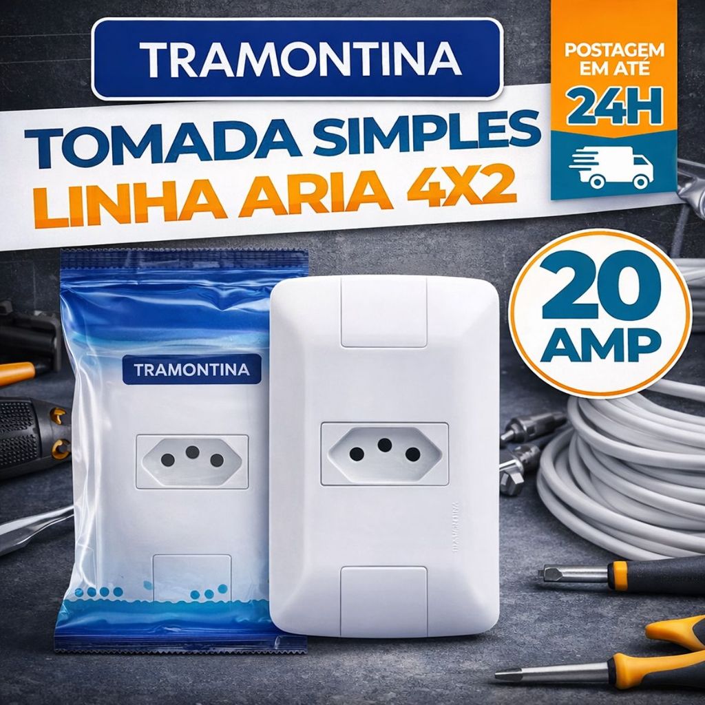 Kit Tomada 20A Tramontina 4x2 Linha Aria Branca (Pino Grosso) 20 Amperes com Parafusos Original