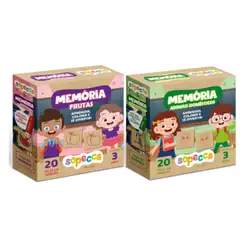 COMP Kit 2 Jogos da Memória de Madeira Educativo Animais e Frutas Para Colorir