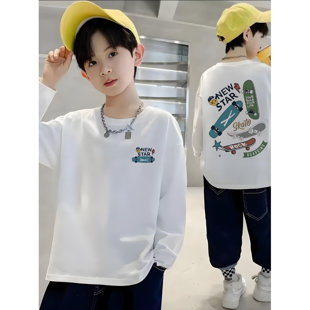Meninos de manga comprida crianças puro algodão verão novo estilo médio-grande camiseta infantil solta bonito menino imp