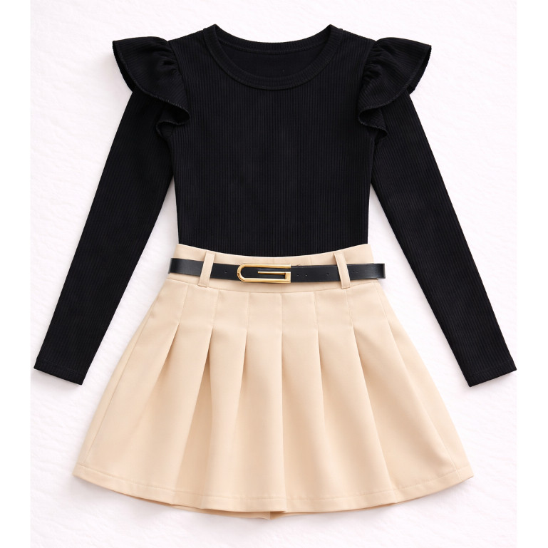 Conjunto Infantil 2 Peças blusa manga longa + short saia com cinto Menina tamanhos 4,6,8,10,12