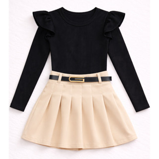 Conjunto Infantil 2 Peças blusa manga longa + short saia com cinto Menina tamanhos 4,6,8,10,12 em Oferta na Shopee