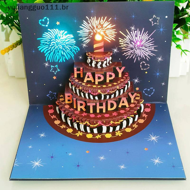 # Novo Cartão De Aniversário Pop-Up 3D Com Luzes Música Feliz Bolo De Fogos De Artifício Presente Para Esposa Mãe Crianç