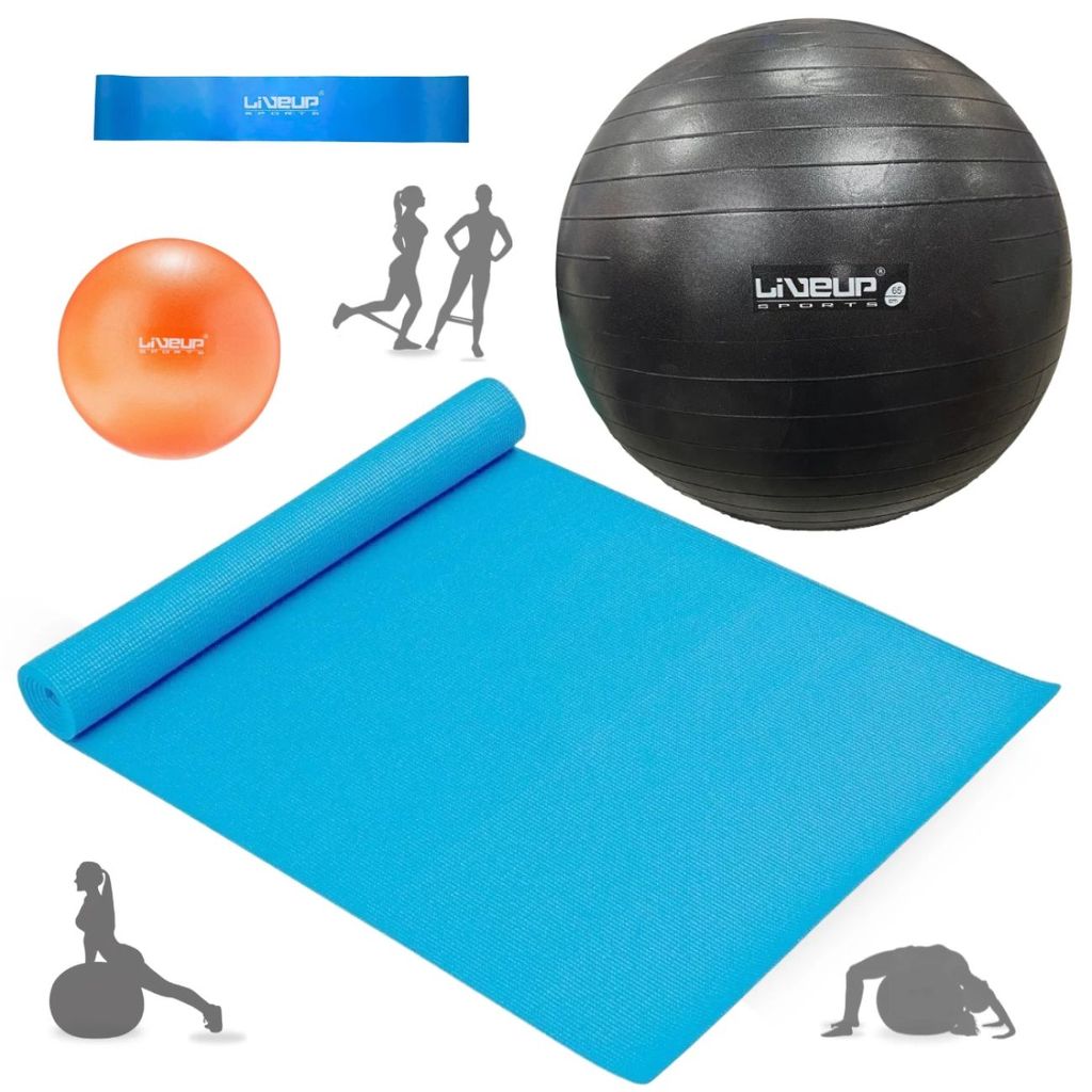 Kit Bola Suíça Treino Preta 65cm+ Bomba Inflar+ Overball 25 Cm+ Mini Band Forte + Tapete 1,73 M Yoga