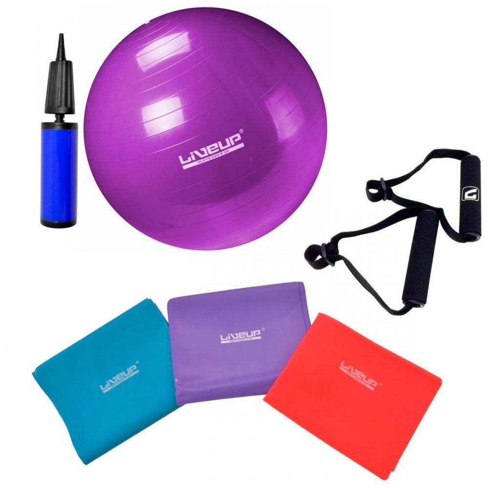 Kit Treino Bola Suíça 55cm + Bomba + Faixas Elásticas + Pegadores