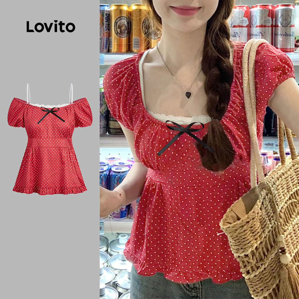 Lovito Blusa Feminina Fofa Com Laço Vermelha Para Primavera/verão L159AD406