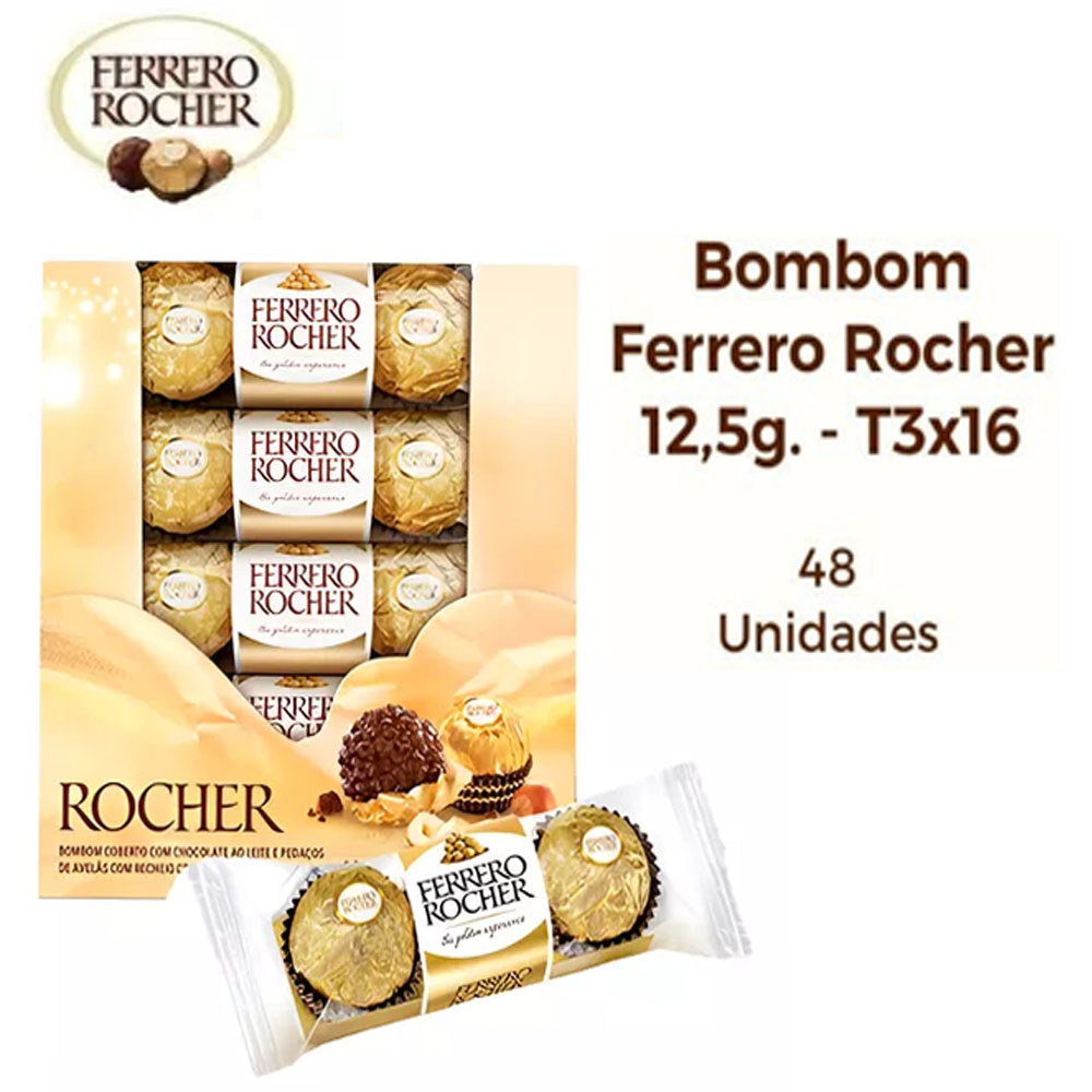 Bombom Ferrero Rocher T3x16 c/48 Unidades (16 pacotes c/3 unidades) em Oferta na Shopee