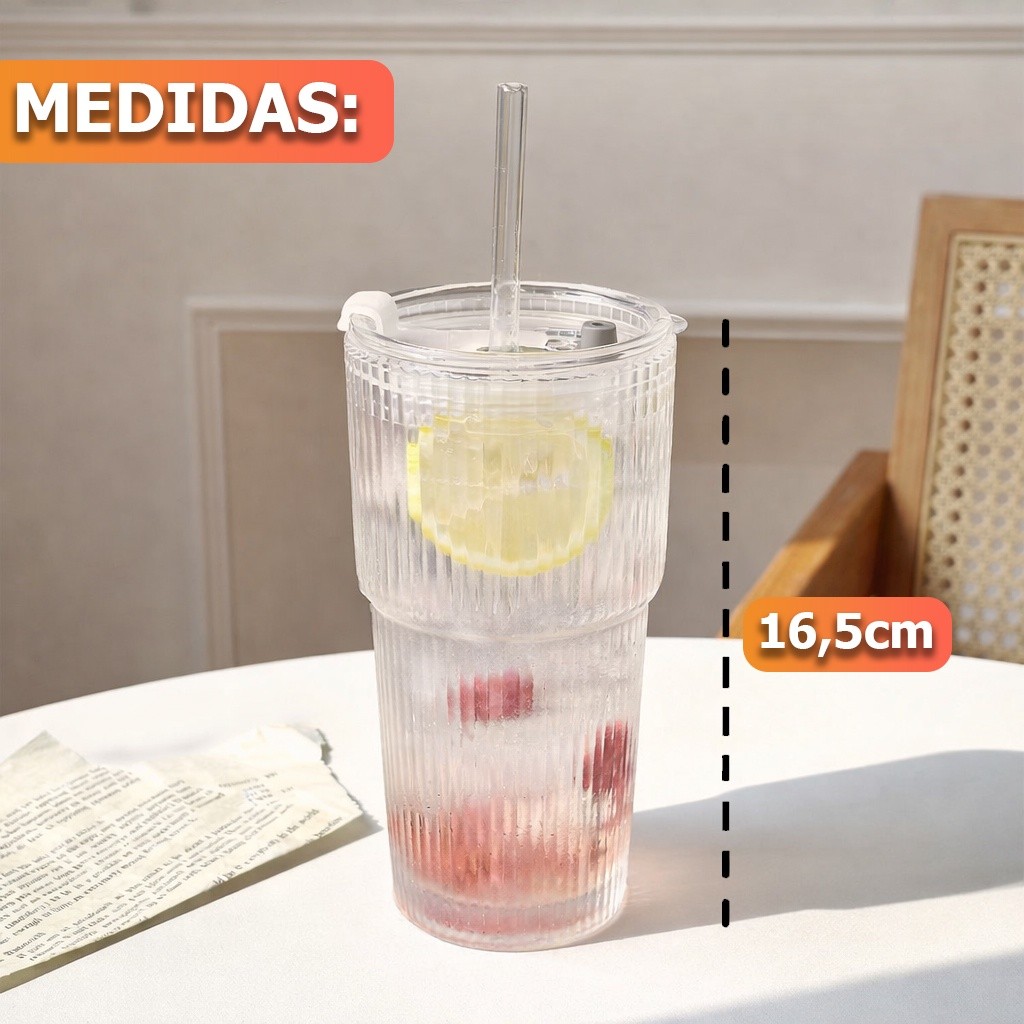 Detalhes do Copo Caneca de Vidro Groove Canelado Com Tampa e Canudo 500ml Vedação Hermética Capuccino Água Suco