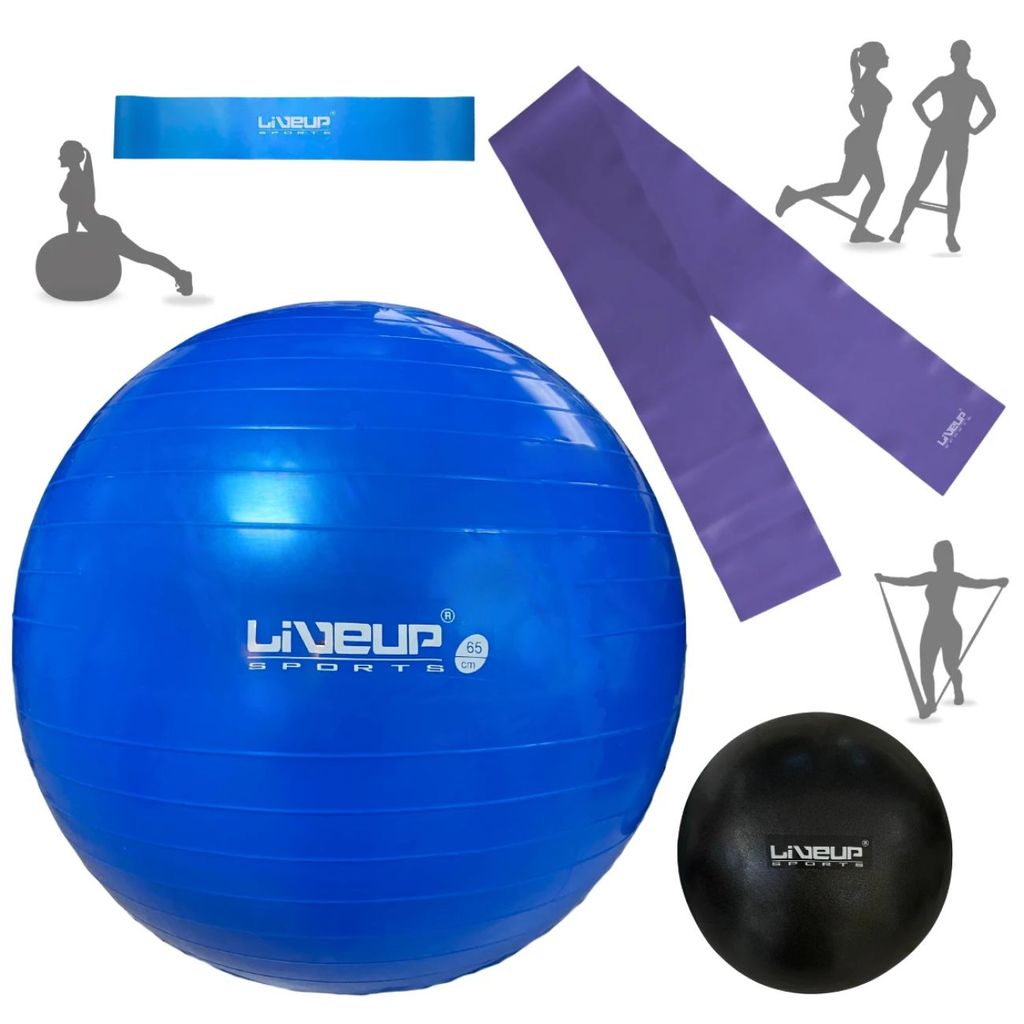 Kit Bola Suíça 65cm Azul com Inflador + Mini Band Forte + Faixa Media + Overball 25cm Pilates Yoga