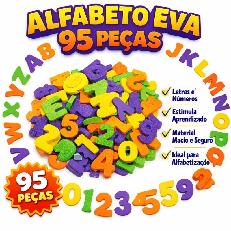 Alfabeto EVA 95 Peças Letras e Números Educativo Infantil Evamax Brinquedo Pedagógico Alfabetização Aprender Brincando