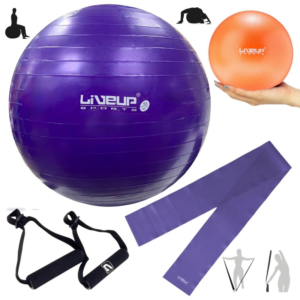 Bola Suiça 55cm + Mini Bola Overball 25cm + Faixa Elástica Tensão Média com Pegadores Confortáveis