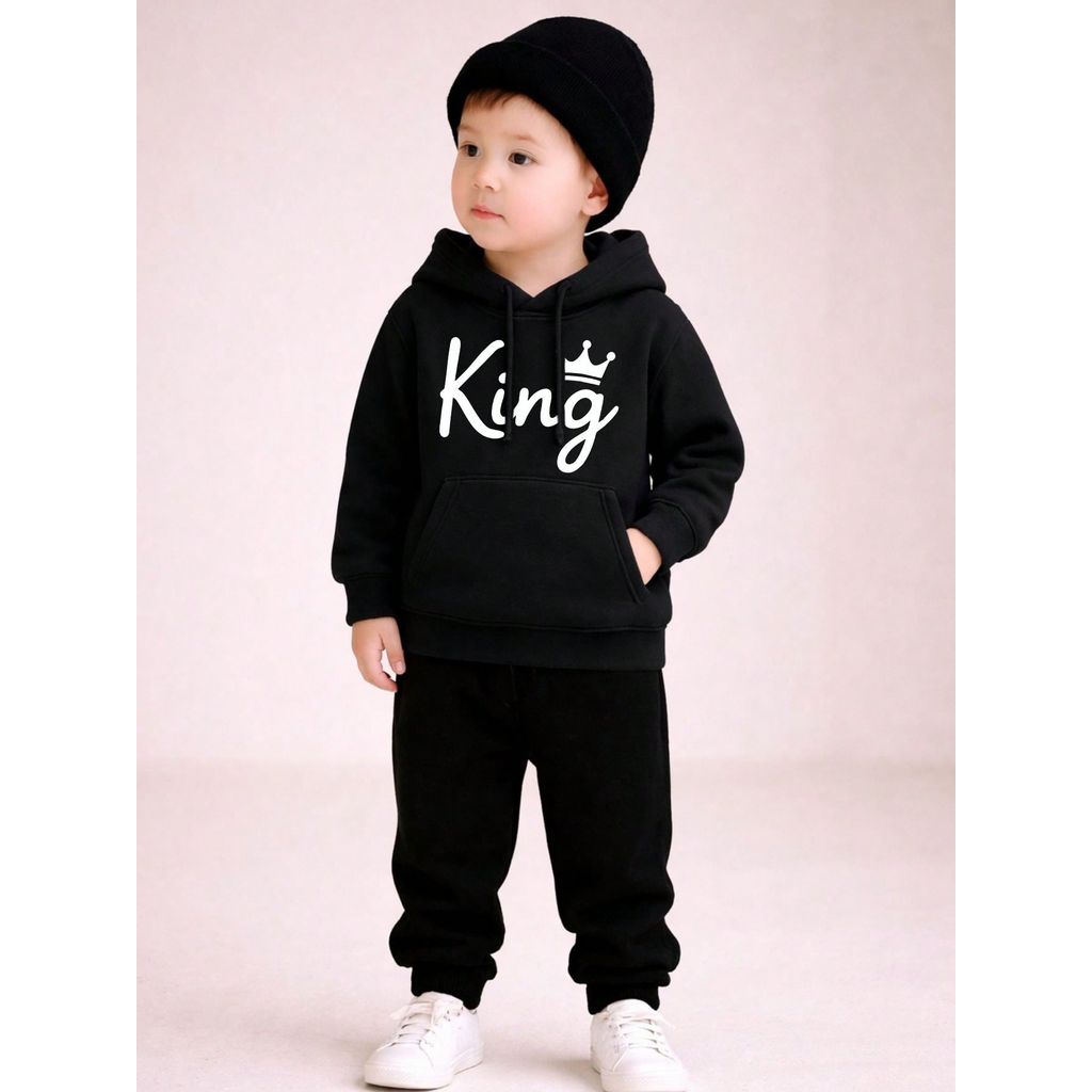 Conjunto Moletom Infantil Premium Blusa de Frio Básico Canguru + Calça Blusao Com Capuz Estampa King