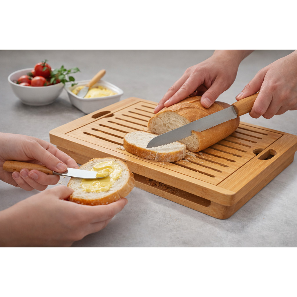 Kit Tábua Migalheira de Pão em Bambu + Faca Serrilhada + 4 Espátulas para Manteiga