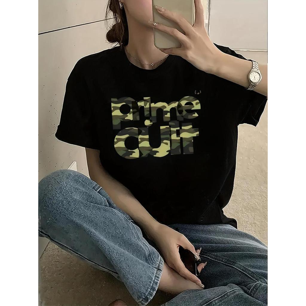 Camiseta Feminina Casual Estampa Camuflagem Geométrica Moderna Confortável Estilosa Tendência