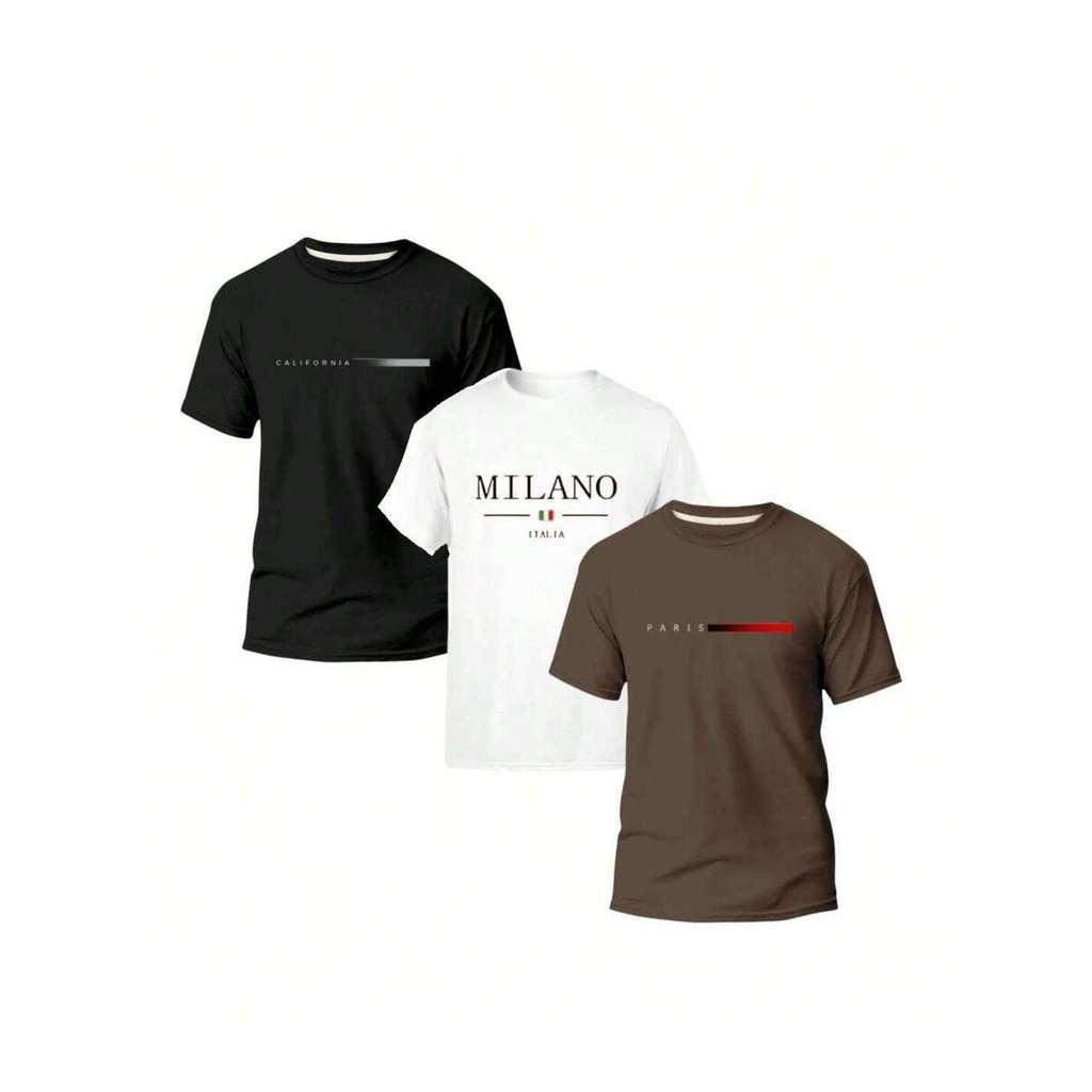 Kit 3 Camiseta Masculina Países Básica Moderna 100% Algodão California Paris Milano  Moderno Unissex Adulto  Infantil
