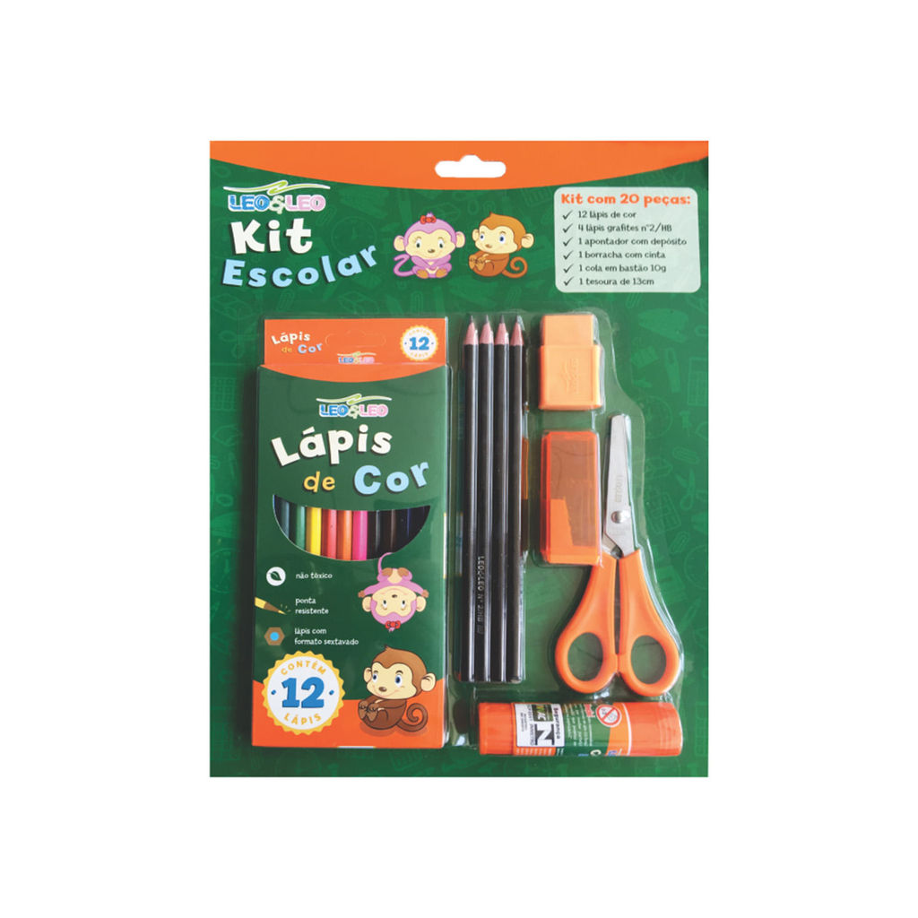 Kit Escolar Leonora com Lápis de Cor, Lápis HB Nº2, Borracha, Tesoura, Cola Bastão e Apontador