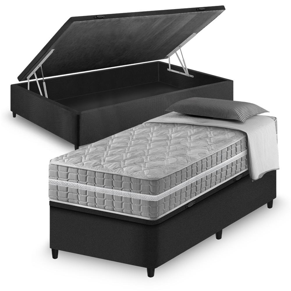 Cama Box Baú Solteiro King Preto + Colchão Molas Ensacadas Zidi Alabama 96x203x66cm