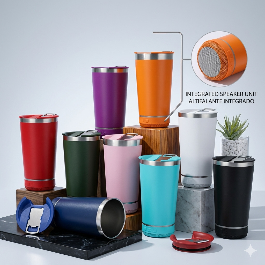 Copo térmico inox MUSICA com tampa abridor e caixa de som com bluetooth Led 420ML INOX