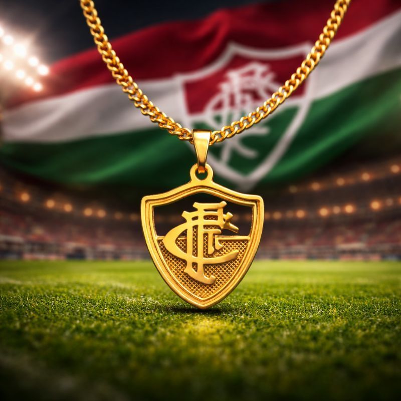 Colar Fluminense Dourado Escudo FFC Vazado Folheado a Ouro Corrente Unissex