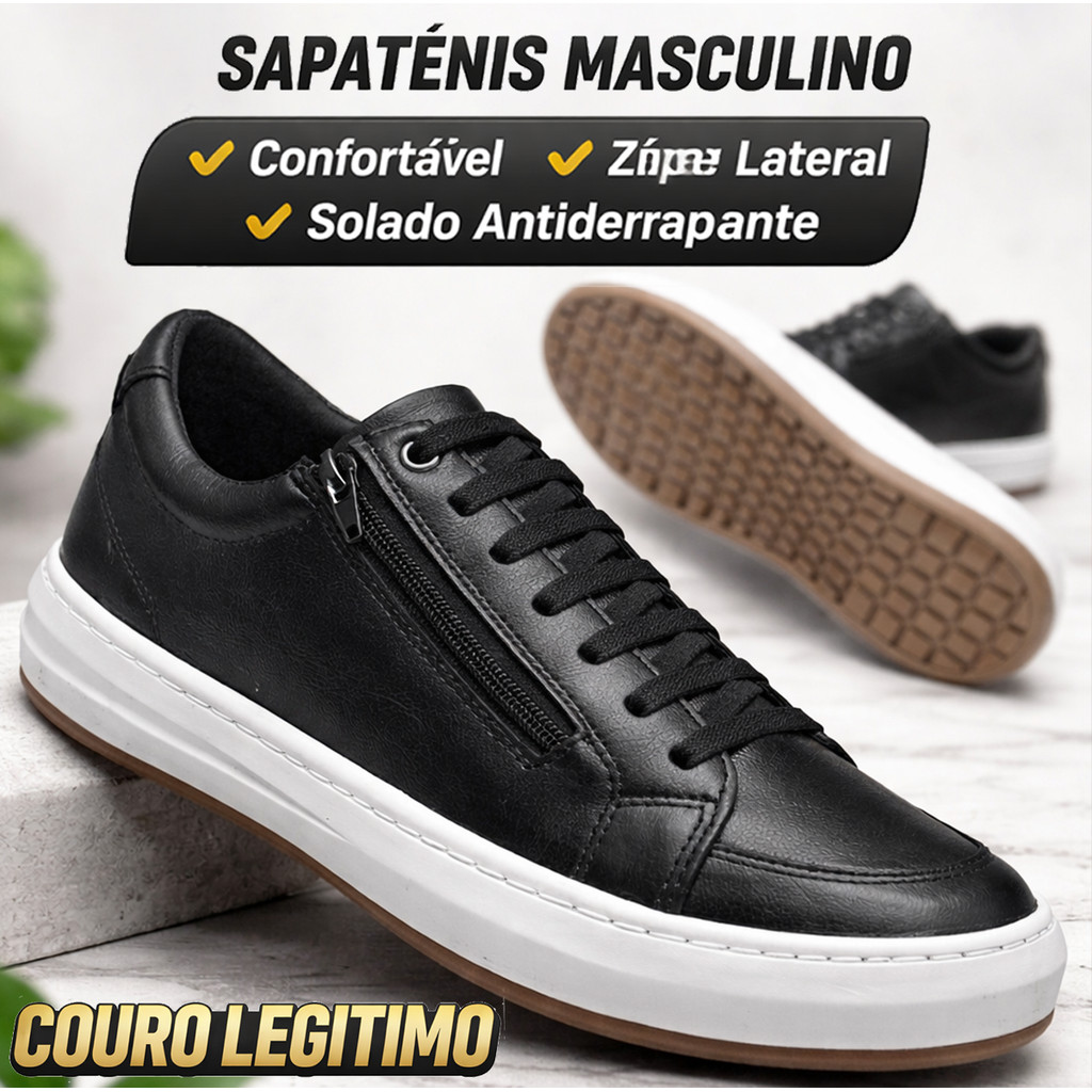 Sapatênis Masculino em Couro Legítimo Tênis Casual Confortável com Zíper Lateral Antiderrapante