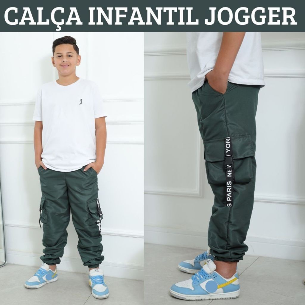 Calça Jogger Infantil Tactel 4 Bolsos 4 Cores 10 12 14 Juvenil Menino Infantil Masculino Calça Bomber Calça Cargo