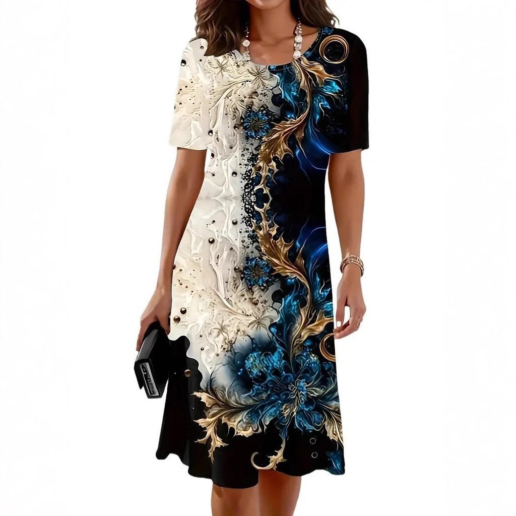 Novo Estilo De Verão Estampado Em Torno Do Pescoço Pulôver Feminino Linha A Vestido De Manga Curta Europeu .