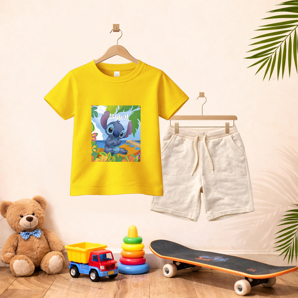 Camiseta Short Conjunto Infantil Desenho Stitch Em Algodão Conjunto De Bermuda Juvenil Conjunto De Bermuda Juvenil