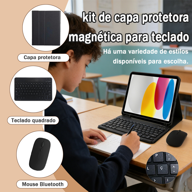 Capa Para Samsung Tab S10FE/S6 Lite/A9+/S10 Lite/S10fe+/A11/A11+ Com Teclado Bluetooth Abnt2 E Mouse Sem Fio