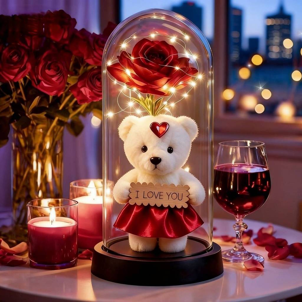 Rosa Encantada com Luz LED - Flor Eterna Decorativa em Cúpula de Acrílico Presente de aniversário para namorado