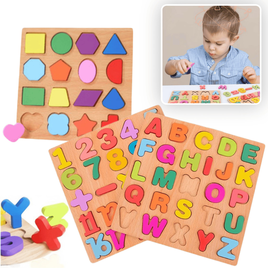 Kit 3 Tabuleiros Quebra Cabeça Educativo MDF Alfabeto Números Formas Geométricas Brinquedo Montessor