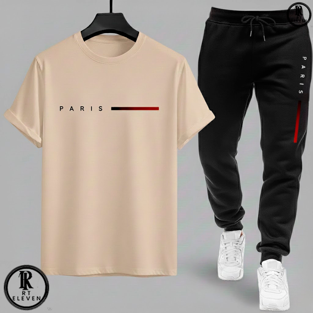 Kit Conjunto Camiseta e Calça moletom Moda masculina camiseta casual Paris Malha Algodão + calça Moletom Com bolso