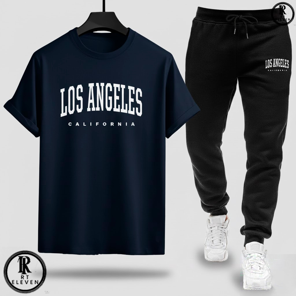Kit Conjunto Camiseta e Calça moletom Los angeles Moda masculina camiseta casual Malha Algodão + calça Moletom Com bolso