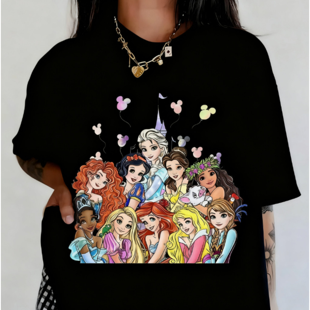 [Camiseta Premium Algodão Puro]LA Camiseta Feminina Moderna Em Puro Algodão Com Estampa De Balões Com Princesas Da Disne