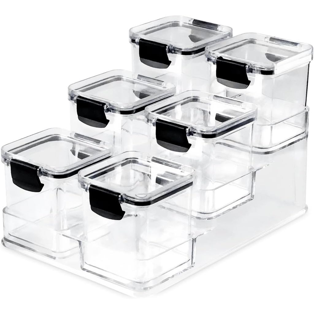 Kit 6 Potes Herméticos Mini Block 260 ml Porta Temperos Com Suporte em Acrílico - Plasnorthon
