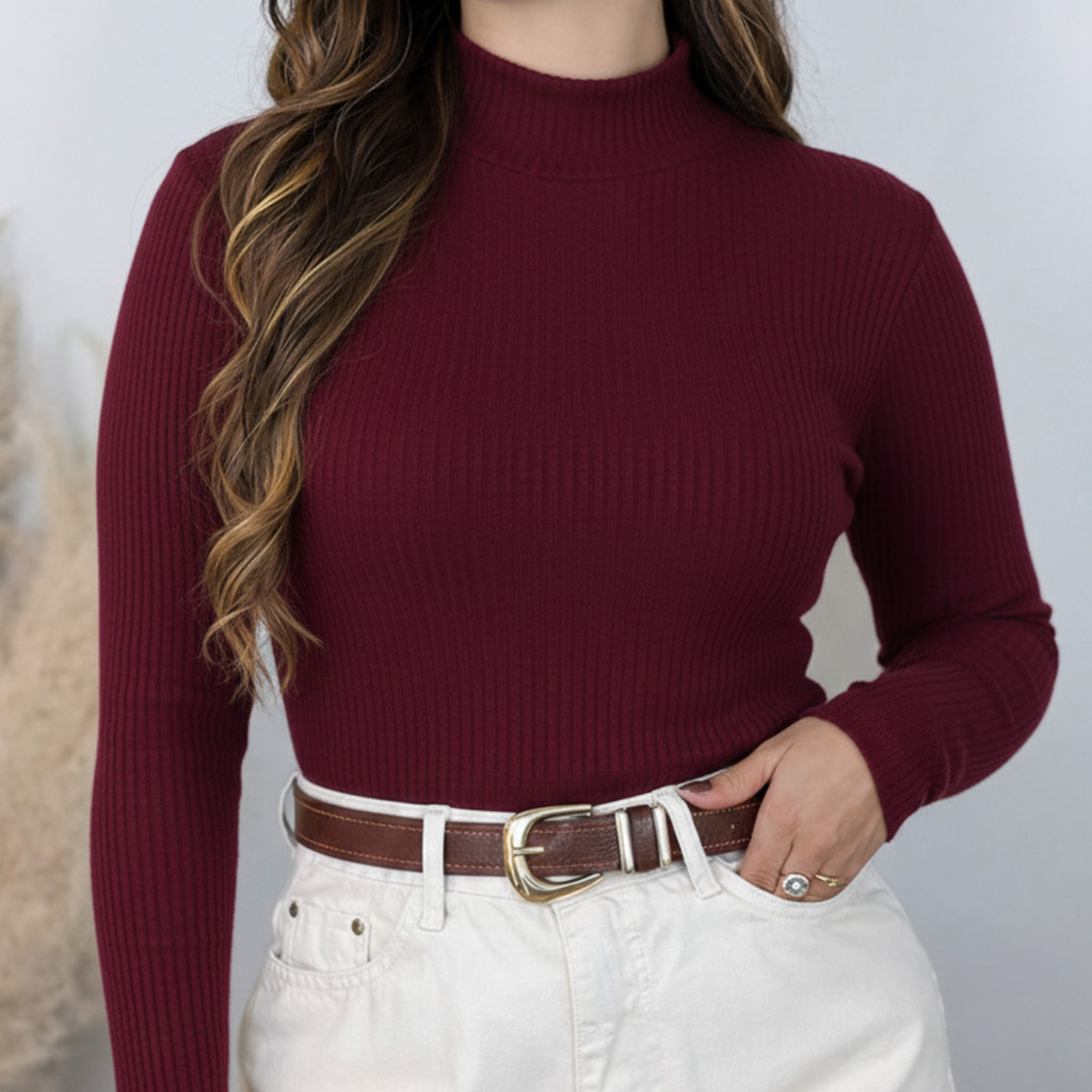Cacharrel Feminina Canelada Blusa Gola Alta Manga Longa Segunda Pele Básica Inverno Blusa De Frio Lisa Suplex Estiloso