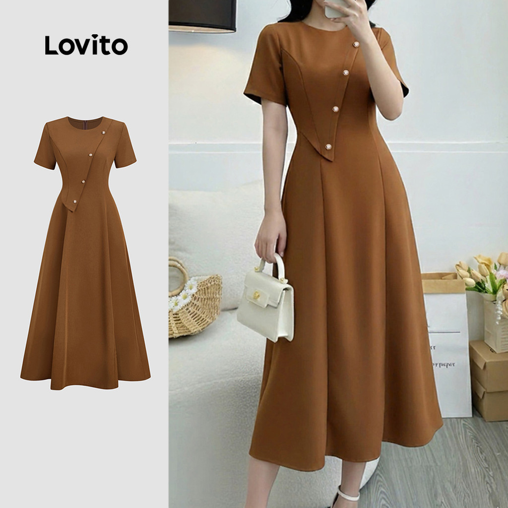 Lovito  Vestido Marrom Primavera/verão com Zíper e Fivela de Metal para Mulheres L172LD1412 em Oferta na Shopee