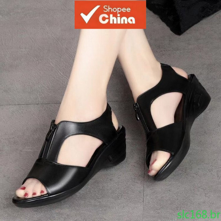 Sandálias Planas com Zíper em Couro PU Confortáveis Únicas Verão Casual Cor Sólida Sapatos Femininos Tamanho Grande N1IR