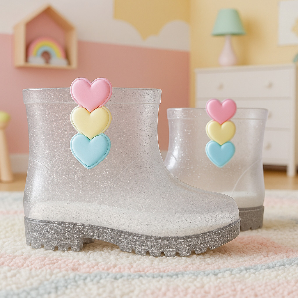 Galocha Bota Infantil Flor Menina Feminina Coração Gatinha Criança Leve Confortável Impermeável