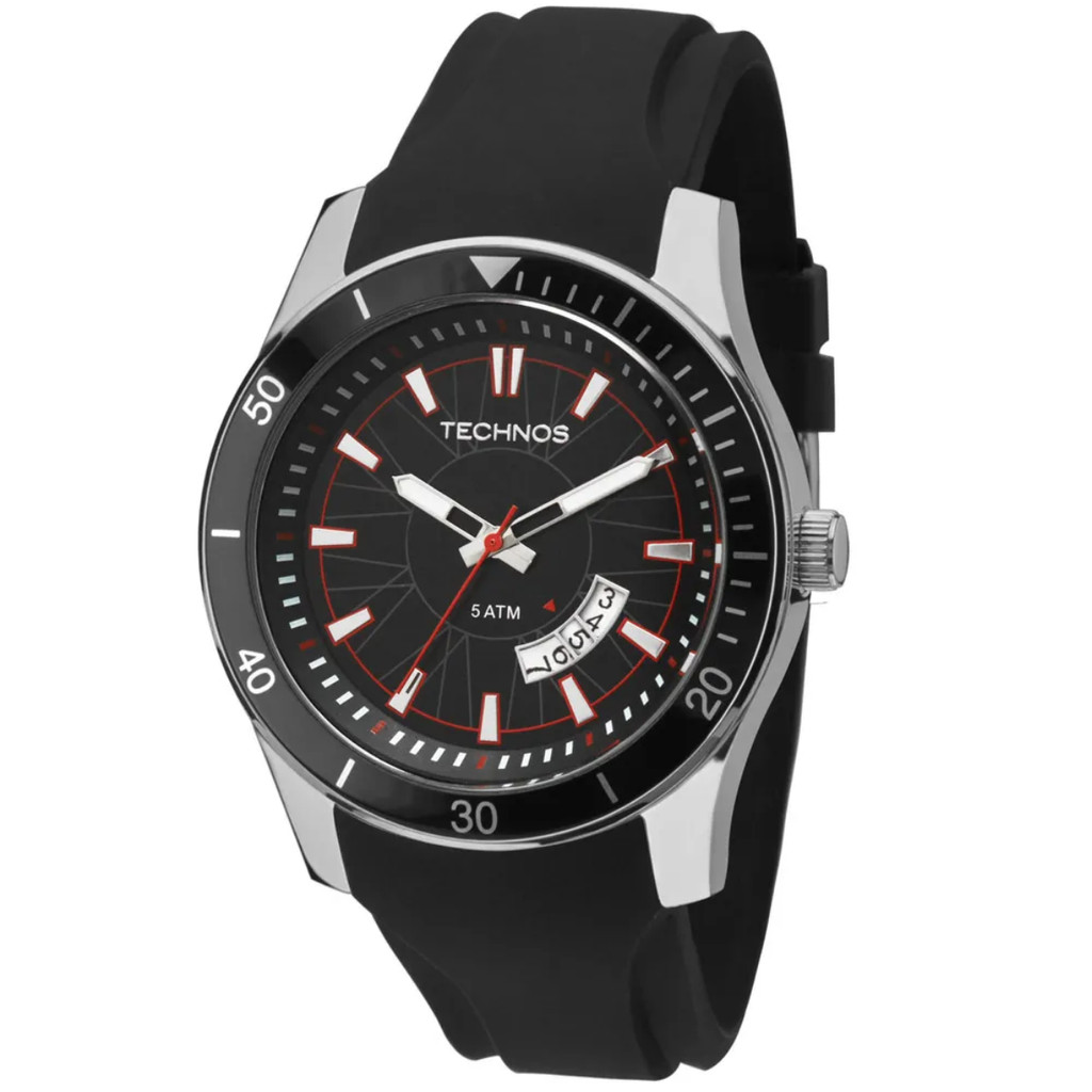 Relógio Masculino Technos Racer Aço Prata Pulseira de Silicone Calendário 2115KSN/8P
